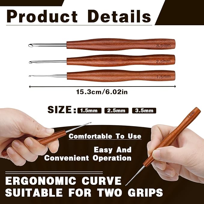 Nitlak Crochet Hooks Set, 3 Sizes Aluminum Ergonomic Crochet Hooks with Wooden Handle for Arthritic Hands, Beginners, Crochet Needles for Knitting Gloves, Sweaters and Blankets (1.5mm/2.5mm/3.5mm)