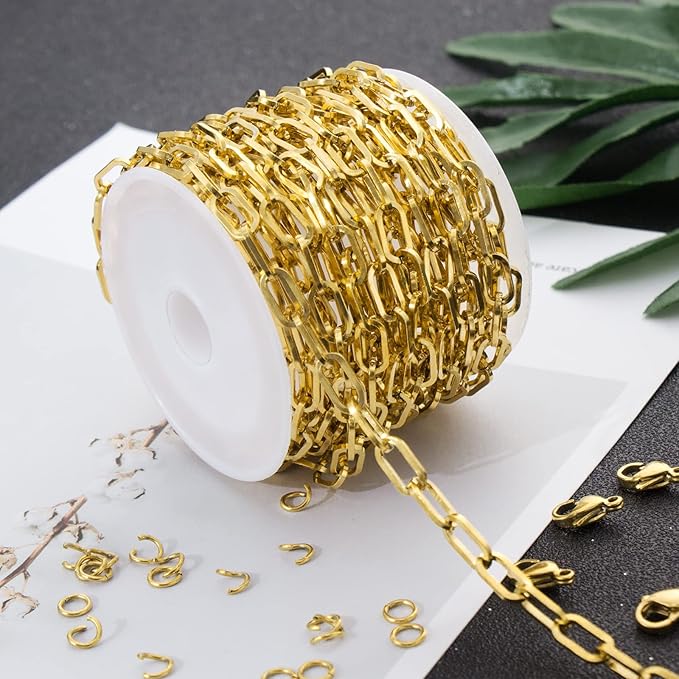 16.4 Feet Gold Plated Stainless Steel Chain Bulk Flat Paperclip Link Chains 5x10mm Jewelry Chain Roll with Jump Rings Lobster Clasps Oval Cable Chains for DIY Jewelry Making