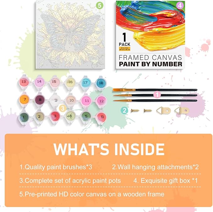 Framed Paint by Numbers Kit for Adults Beginners & Kids Ages 8-12, Butterfly Sunflower Acrylic Easy Paint by Number with Frame, Number Painting Kits on Canvas Framed (12 * 12 Inch, without Easel)