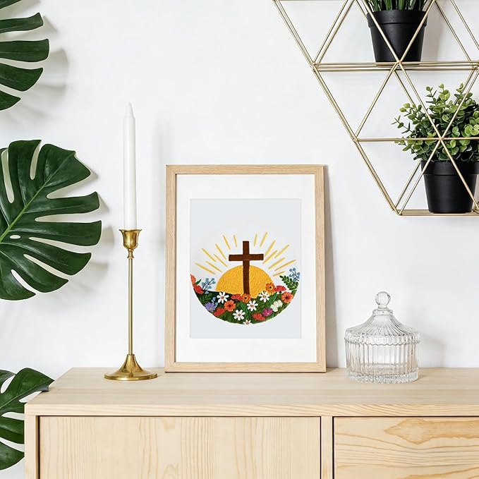 ElasignShopo Christian Embroidery Kit for Beginners Adults, Easy Cross Stitch Kit Easter Cross Jesus Pattern Embroidery Starter Kits with Wooden Hoop, Needles, Threads and Instruction Easter Gift