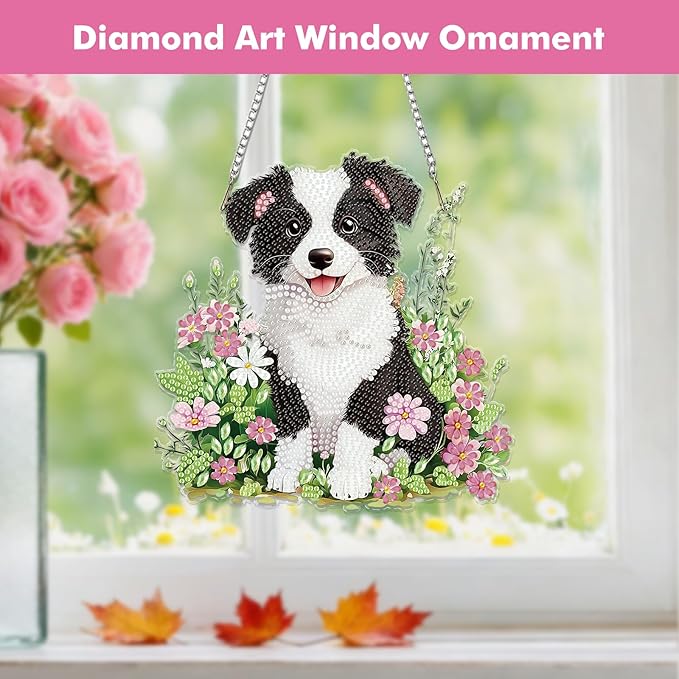 Miwixy Dog Hanging Diamond Art Kits for Adults,Black White Flowers Special Shaped Crystal Diamond Painting Ornament Kit DIY Double-Sided Pattern Window Pendant Gem Art Kit for Home Wall Decor
