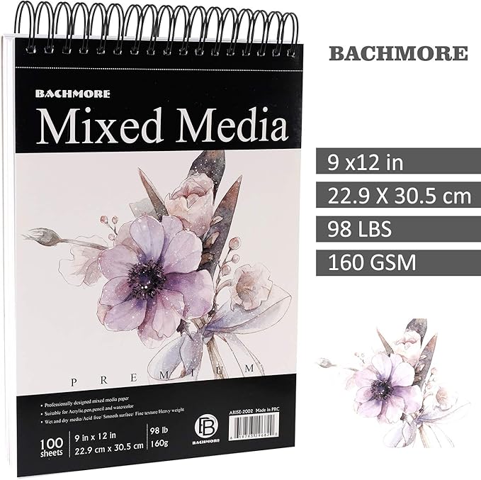 Bachmore Sketchpad 100 Sheet, Watercolor, Acrylic Art Pad for Sketching, Ink Sketch Book, Coloring Notebook - 98 Ib/160 g/m2 in Multi-Media Spiral Notebook, Drawing Paper, Drawing Pad (9'' X 12'')