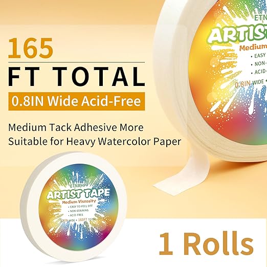 White Art Tape Medium Tack Artist Masking Tape Paper Acid Free Tape Watercolor Painters Tape Artists Tape for Drafting Art Watercolor Painting Canvas Framing, 0.8 inch Wide 165FT Long