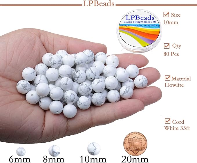 LPBeads 80Pcs Polished 10mm Round Natural Howlite Gemstone Loose Beads with Stretch Cord for Jewelry Making Bracelets