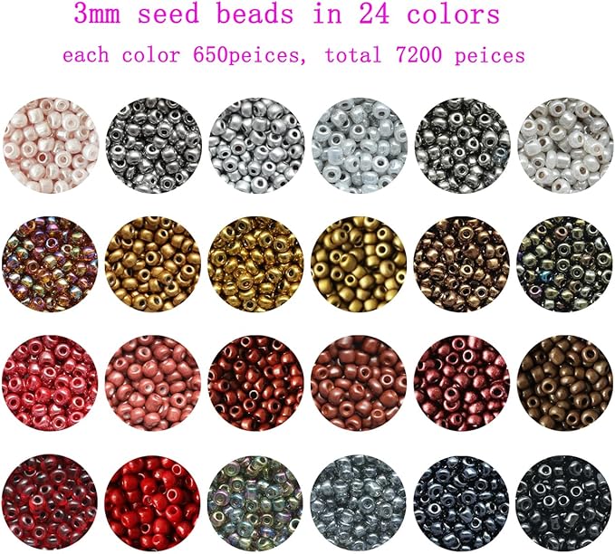 8/0 Glass Seed Beads About 7200pcs 24 Colors 3mm Loose Seed Beads Kit Bracelet Making with 24-Grid Plastic Storage Box for Jewelry Making
