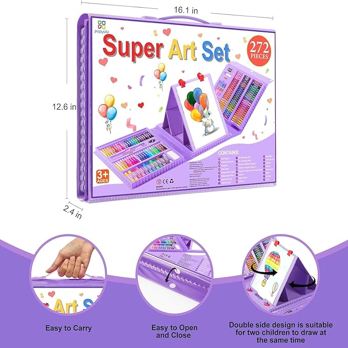 Art Supplies, 272 Pack Art Set Drawing Kit for Girls Boys Teens Artist, Deluxe Gift Art Box with Trifold Easel, Origami Paper, Coloring Pad, Drawing Pad, Pastels, Crayons, Pencils, Watercolors(Purple)
