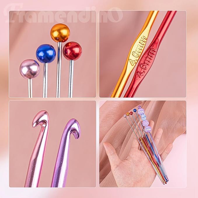 Framendino, 6 Pack Beadable Crochet Hooks 4 mm Aluminum Set for Knitting Scarf Hat Colors