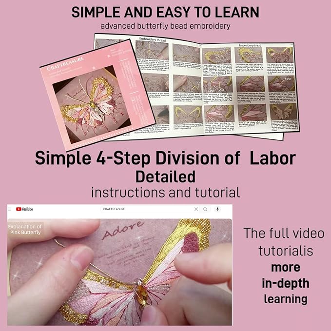 Craftreasure Embroidery Kit for Adults, Butterfly Needle Point Kits Adults Beginner Include Embroidery Beads Threads for Craft Lover Hand Stitch with Embroidery Skill Technique (Pink-Advanced)