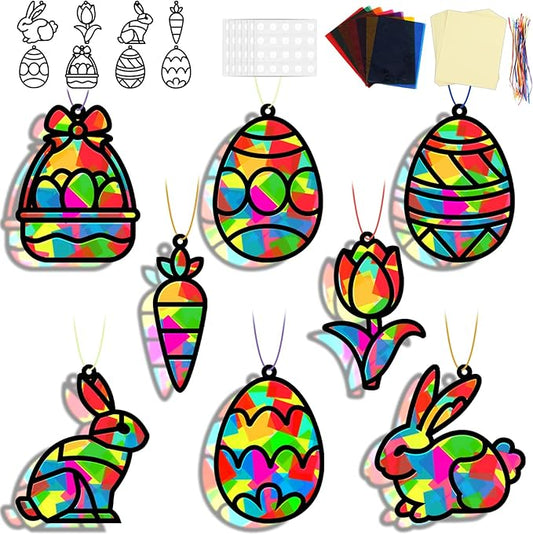 32 Sets Easter Suncatchers Craft Kit DIY Egg Basket Window Stained Glass Effect Paper Basket Style Home School Classroom Decorations Spring Art Craft Creative Games Activity Project Gift Favor