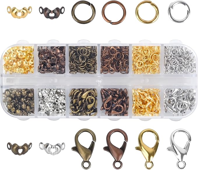 Olylkx 720pcs Lobster Claw Clasps, Bead Tips Knot Covers, Open Jump Ring Connectors, Jewelry Making Accessories Set (12 Styles)