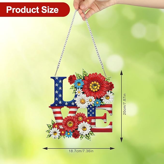 CEOVR Independence Day Hanging Diamond Art, American Flag Diamond Painting Pendant for Adults DIY Gem Art Wall Ornament, Acrylic Home Garden Decor with Chain, Box Kit 7.36×7.87inch