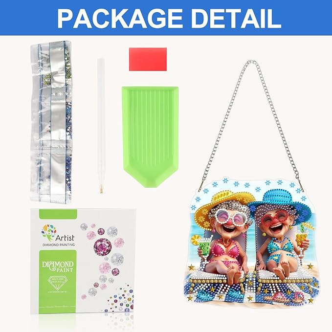 CEOVR Happy Grandma Hanging Diamond Art for Adults, Summer Beach Diamond Painting Pendant DIY Gem Art Wall Ornament, Acrylic Home Garden Decor with Chain, Box Kit 7.87×7.39inch