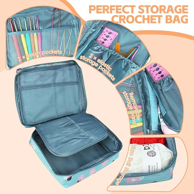 HATINXIA 58pcs Crochet Kit Beginners, Crochet Hook Set with Yarn, Portable Crocheting Kit for Starter, Ergonomic Crochet Needles Tools DIY Knitting Accessories for Experienced Crochet Lovers, Floral