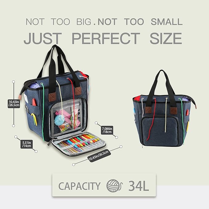LOOEN Yarn Knitting Storage Tote-Large Capacity Crochet Organizer Portable Travel Bag With Shoulder Strap Crochet Hooks Case for Unfinished Bulk Project
