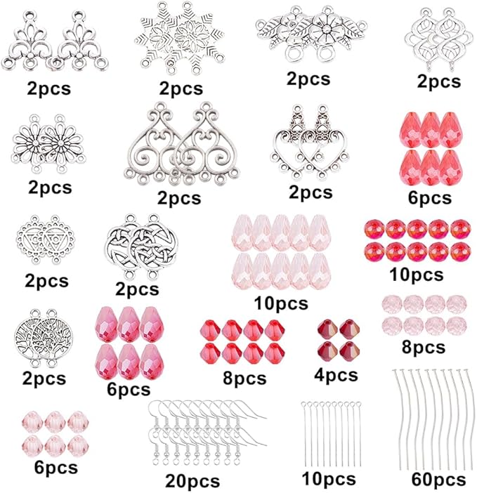 SUNNYCLUE 1 Box DIY 10 Pairs Red Beads Chandelier Dangle Earring Making Kit Flat Round Celtic Knot Flower Tree Snowflake Heart Component Links Teardrop Electroplate Glass Beads for Jewelry Beginners