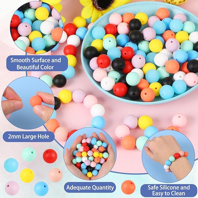 110 Pcs Silicone Focal Beads, EVERMARKET 15mm Silicone Beads for Keychain Making, Round Silicone Beads Bulk with Bottle, Rubber Loose Beads for Pens Crafts Necklace Bracelet Lanyard (Yellow)