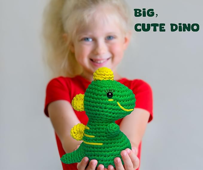 Amigo Rumi Cute Dinosaur Beginners Crochet Kit - Learn How to Crochet Starter Kit - 3+ Hour Video Tutorials & Crocheting Book - Easy to Stitch Yarn - Amigurumi Stuffed Animal for Kids 12+ & Adults