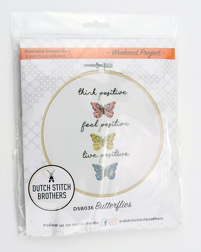 DUTCH STITCH BROTHERS Butterflies Embroidery Starter Kit with Pattern and Instructions. Stamped Embroidery Kits with Embroidery Clothes with Pattern. 6" Embroidery Hoop