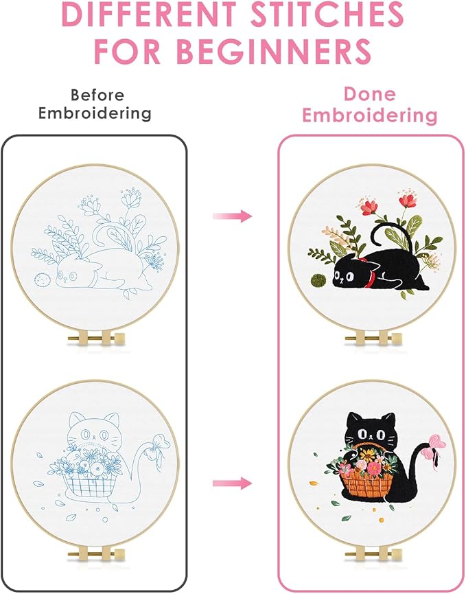 TINDTOP 2 Pack Embroidery Kit for Adult Beginners, Embroidery DIY Starter Kit, with Black Cat and Flowers Stamped Patterns, Hoop, Tools, Colorful Threads with Needles, Instructions