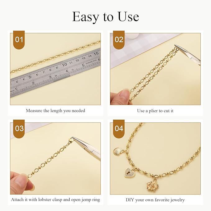 Jabogrii 13 Feet Gold Plated Embossed Oval Cable Chain for Jewelry Making Shiny Stainless Steel Jewelry Making Chains Bulk