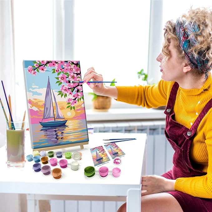 JOOZ Sailboat Paint by Numbers Kit for Adults with Frame Sunset Paint by Number with Easel Flowers Adult Paint by Number Kits Framed Canvas Oil Painting Kits for Home Wall Decor 8x12 Inch