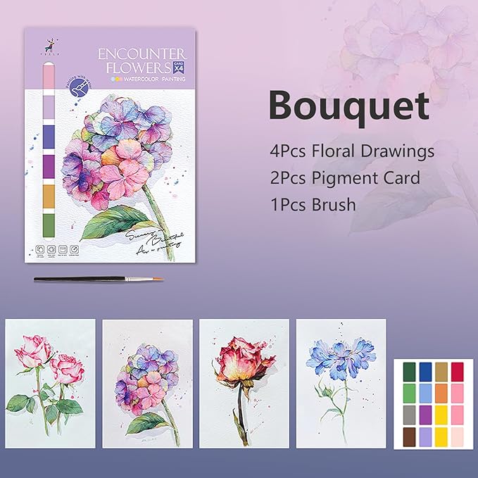 11.5" x 8.5" Watercolor Workbook for Adults, Easy Nature Scenes Paint Coloring Book Paint, Water Coloring Book with 4 Floral Drawings 2 Pigment Card and 1 Brush (Bouquet)