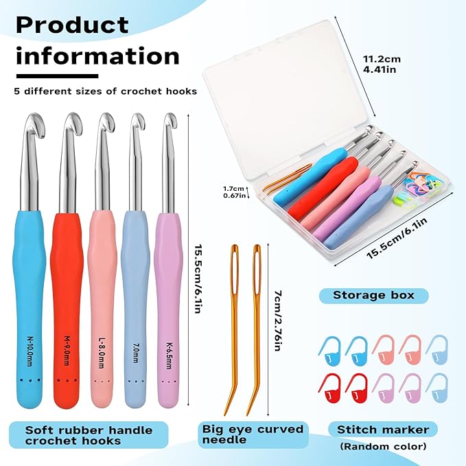 Mayboos 5 Sizes Crochet Hook Set, Large Crochet Hooks Yarn Needle Kits Knitting Needles with Ergonomic Handles for Crocheters Beginners