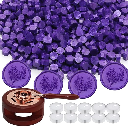 Wax Seal Beads Kit - 300pcs Purple Sealing Wax Beads with Wood Melting Warmer, Spoon & 10 Mini Candles for Stamp Seals, Wedding Invitation, Envelope, Cards, Gift Wrapping Decorations