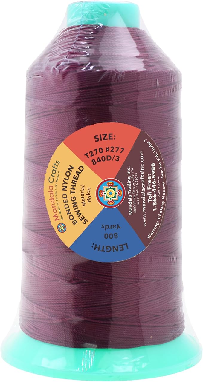 Mandala Crafts Size 277 840D T270 Bonded Nylon Thread - Burgundy 800 YDs Tex 270 Heavy Duty Sewing Threads for Leather, Jeans, Weaving, Outdoor Marine Upholstery