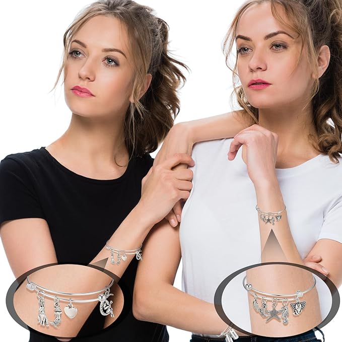 363 Pcs Charm Bracelet Making Kit Bangle Bracelets DIY Kit, 17 Silver Expandable Wire Bangles, 146 Charms Pendants, 200 Open Jump Rings for Christmas Women Jewelry Making