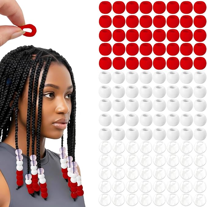 120Pcs 14mm Large Silicone Beads for Hair Braids, Soft Jellyish Hair Beads with 7mm Hole + 50 Rubber Bands and 1 Beader for Braiding, DIY Bracelets Necklaces Crafts(Red)