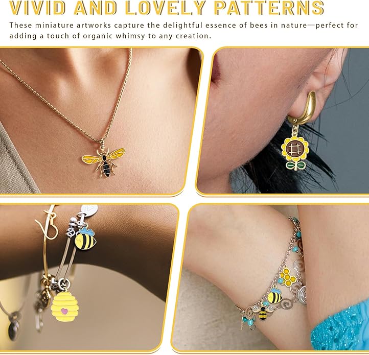 40Pcs Cartoon Enamel Bee Charms Set, 20 Styles Assorted Honeybee Honeycomb & Gnome Alloy Pendants for Jewelry Making Crafts DIY Necklace Bracelet Keychain Crafting Charms Kit