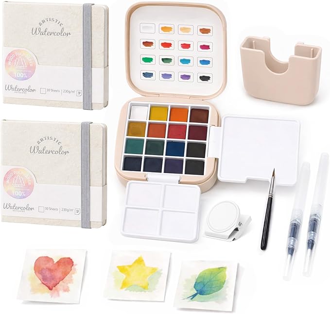 Mini Travel Watercolor Paint Set - Small Pocket Water Colors Paint Set with 16 Colors, Sketchbook, Brush, Clip, Portable Painting Art Kit for Adult, Beginners, Artists & Painting Enthusiasts