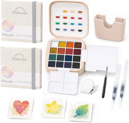 Mini Travel Watercolor Paint Set - Small Pocket Water Colors Paint Set with 16 Colors, Sketchbook, Brush, Clip, Portable Painting Art Kit for Adult, Beginners, Artists & Painting Enthusiasts