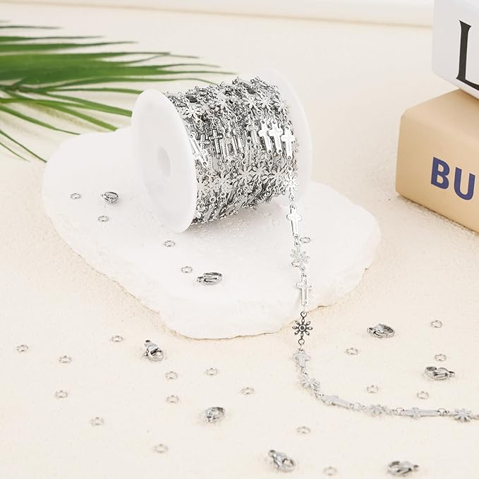 GTVOODX Stainless Steel Chain Bulk 4 Meters Thick Chunky Cross Flower Link Chain Roll for Permanent Jewelry Making Necklace Bracelet DIY