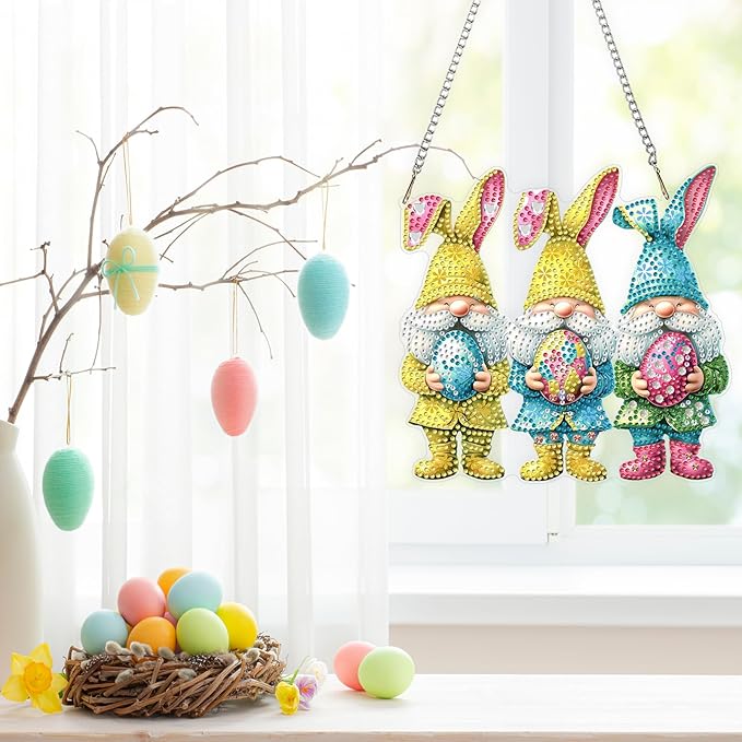 Easter Gnome Diamond Art Hanging Ornaments Kits for Adults, Diamond Painting Pendant Kits, DIY Acrylic 5D Special Shaped Crystal Gem Art Painting Ornament for Home Wall Easter Decor Gift 8x8 Inch
