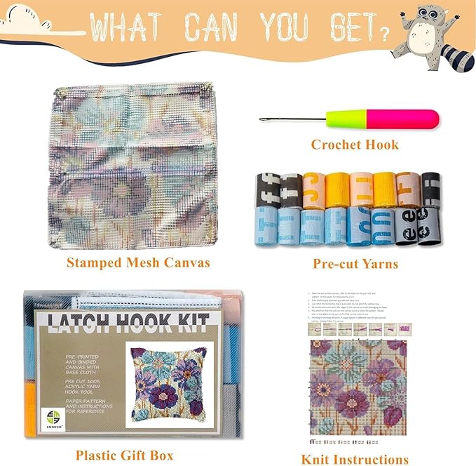 EMISTEM Latch Hook Kits for Adults - Latch Hook Pillow Kits, Crochet Yarn Kit for Beginners, DIY Needlework Crafts Cover Case with Printed Canvas, Gift Packaging. (Daisy Flower,17x17 inch)