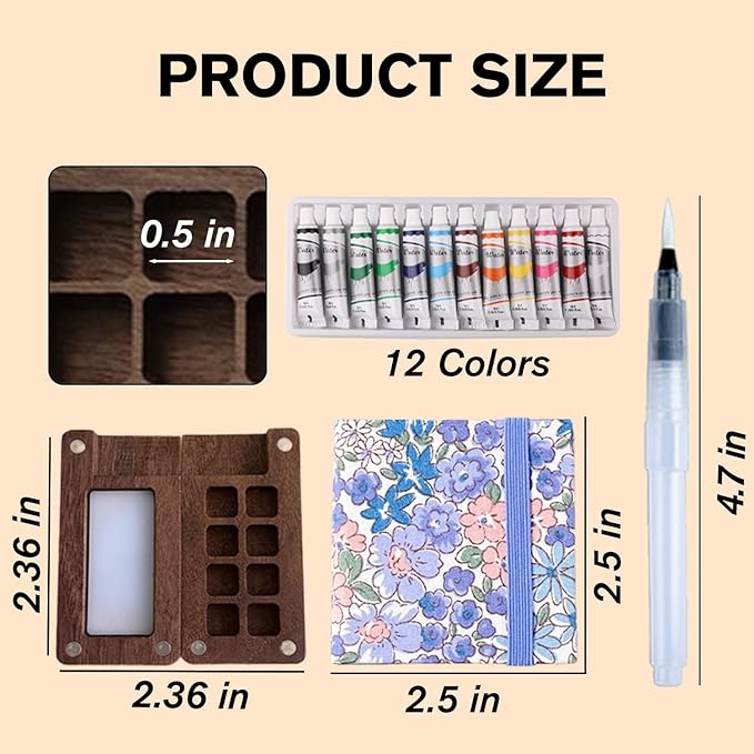 Aimery Mini Watercolor Paint Travel Set, Portable Small Miniature Pocket Water Color Painting Kit with Wooden Palette & Sketchbook(Lavender)