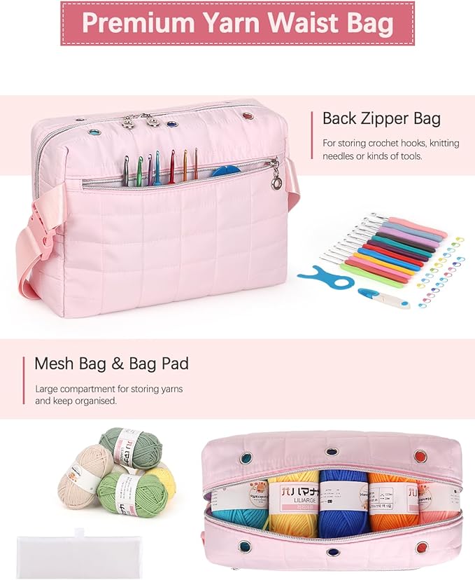 Aeelike Yarn Storage Organizer Travel Crochet Bag, Crossbody Yarns Bags Knitting Bag for Carrying Projects, Knitting Needles,Crochet Hooks and Yarn, Pink