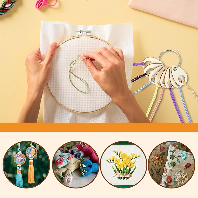 Nicunom 200 pcs Floss Drops Cross Stitch, Wood Bobbins with Hinged Ring Embroidery Floss Bobbins Teardrop Thread Organizer Thread Holder for DIY Craft Sewing Thread Storage, 1.9x1.3 inch