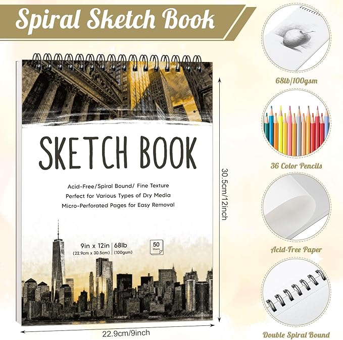 2 Pack Sketch Book with 36 Color Pencil Set, Spiral Sketchbook for Drawing (68lb/100gsm), Acid-Free Sketch Pad for Artist(9×12 inch), Art Paper Drawing Supplies for Gifts (City Style)