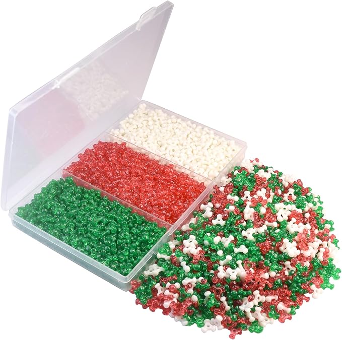 2400Pcs Christmas Tri Beads, Christmas Tri Shaped Beads Red Green White Triangle Beads for Craft Wreath Candy Cane-Xmas Holiday Tree Decorations Beaded Ornament Kit