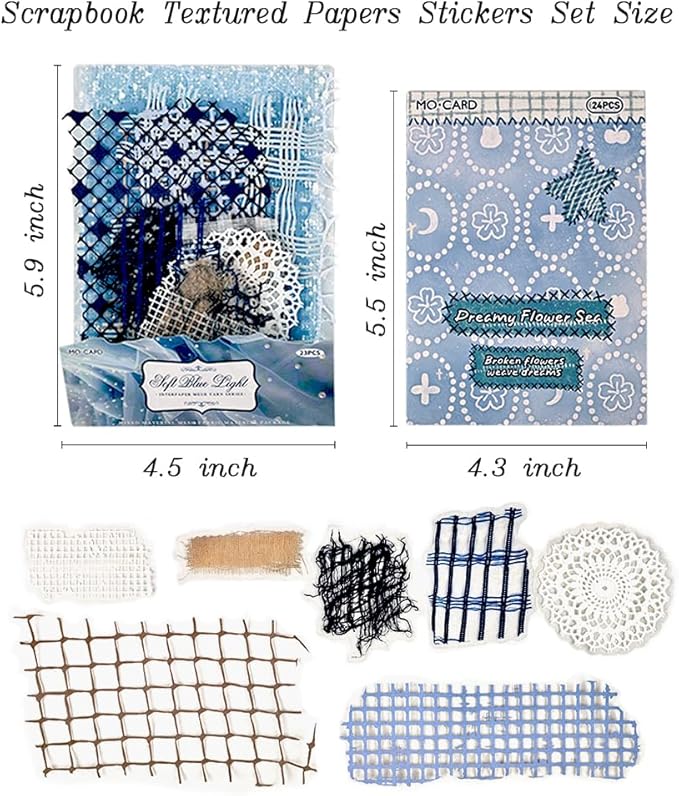 Diuhofart Floral Lace Textured Papers for Crafts, Blue Theme Scrapbook Paper Stickers, 47 Sheets Collage Materials Mesh for Junk Journaling Supplies Scrapbooking