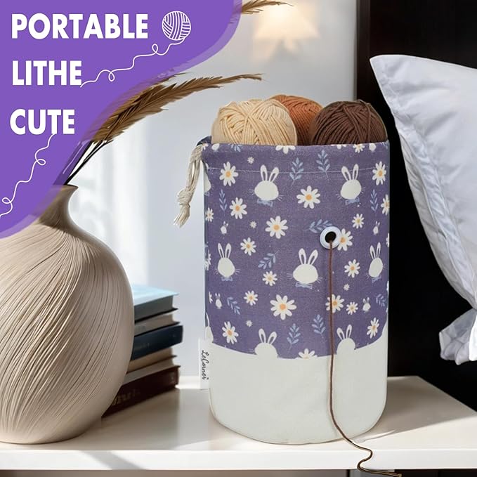 Small Crochet Bag Organizer, Drawstring Storage Knitting Bags, Portable Mini Rabbit Yarn Holder for Crocheting Project, Store Skein Ball, Needles Accessories