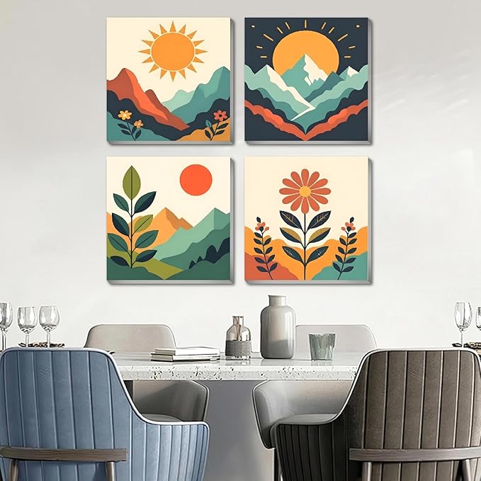 4 Pack Framed Paint by Numbers Kit for Kids & Adults Beginners, Easy Sunset Landscape Paint by Numbers Kits with Canvas Paints Brushes, Acrylic Oil Painting Arts and Crafts for Wall Decor 8 x 8 Inch