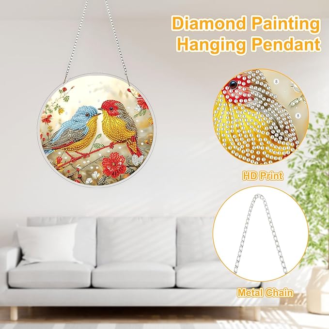 TOSTOG Birds Side by Side Diamond Art Pendant Kits for Adult, Diamond Painting Hanging Kit for Beginners, 5D DIY Crafts Gem Art, Waterproof Full Accessories for Home Decor Idea 20 * 20 cm/8 * 8 in