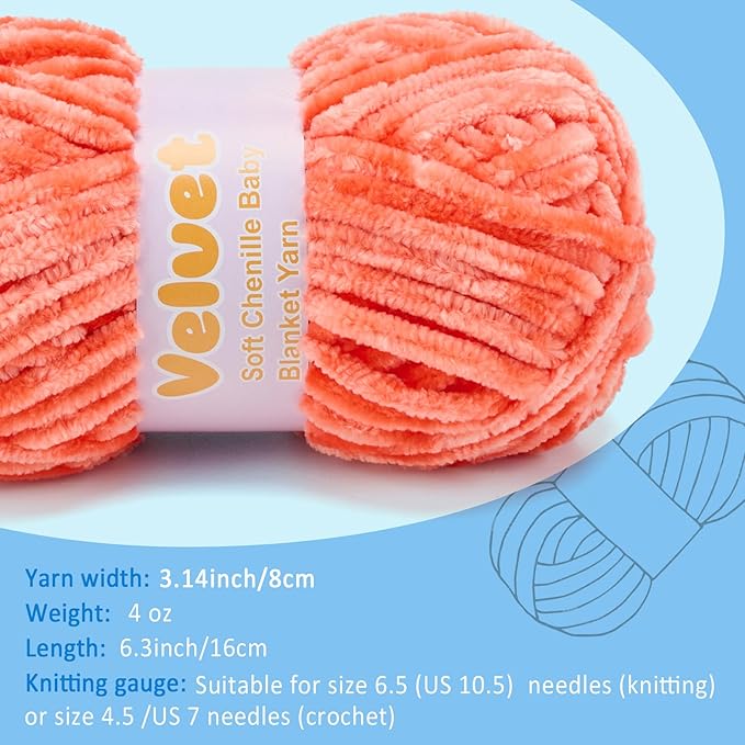 Velvet Yarn Chenille Yarn for Crocheting and Knitting Soft Chenille Bulky Baby Blanket Yarn DIY Weaving Craft 2pack Dark Orange(4oz 66yds Each)