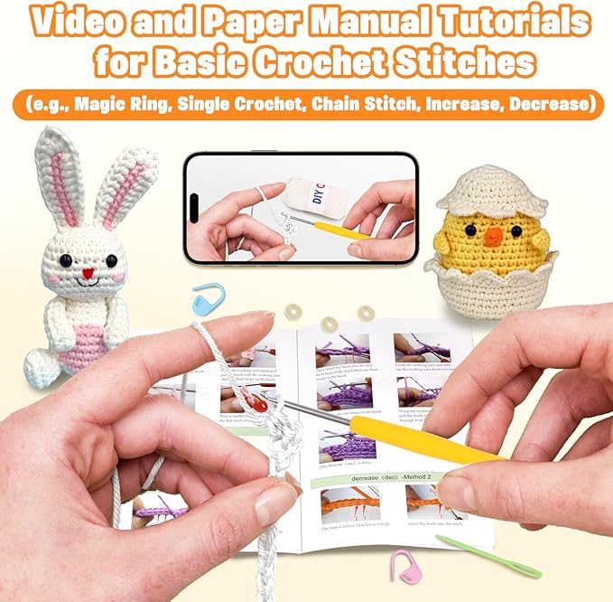 wokdsbl Crochet Kit for Beginners with Upgraded Premium Custom Yarn and Step-by-Step Video Tutorials, Ideal DIY Craft Gift, Crochet Animal Kits for Easter Egg Fillers (Bunny & Chick & Dinosaur)