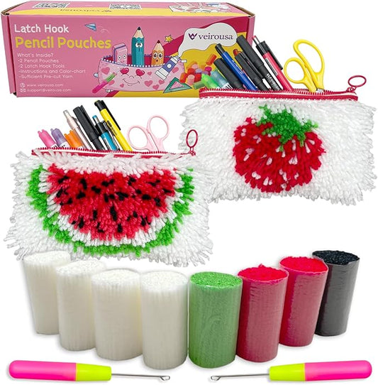 veirousa Strawberry & Watermelon Latch Hook Pencil Case Kit for Adults Beginners, Flully Fruit DIY Craft Pencil Pouch for Girls Boys 2 Pack Set
