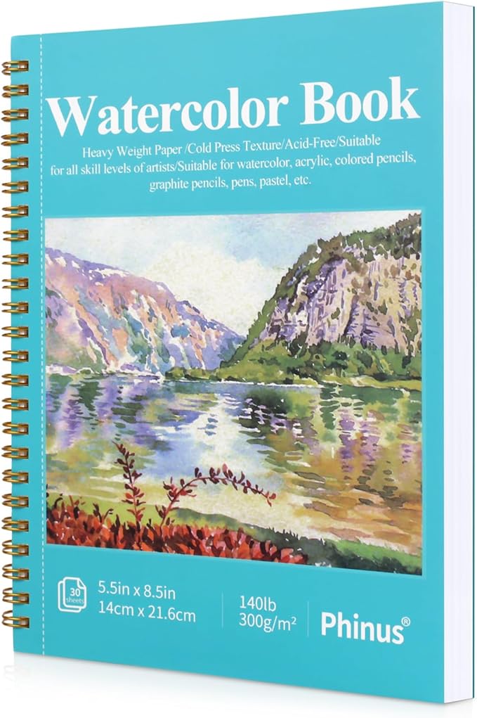Phinus 30 Sheets Watercolor Sketchbook 5.5 x 8.5 Inch, Watercolor Paper Cold Press (140lb/300gsm), Spiral Bound Water Color Pad for Adults Kids, Mixed Media, Markers and Art Journaling